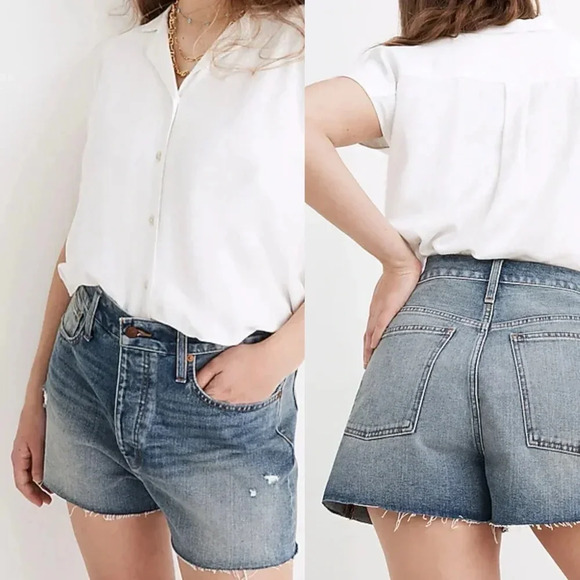 Madewell 25 The Dadjean Short Castlewood Wash Blue Denim Distressed Button Fly - Picture 1 of 13